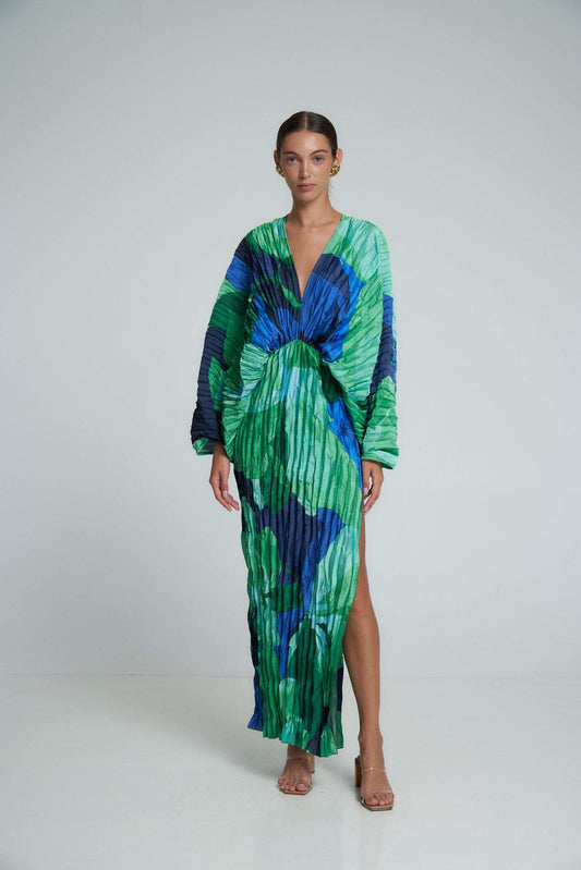 Printed Kaftan Maxi Pleated Dress | Green | Resortwear | Pleated